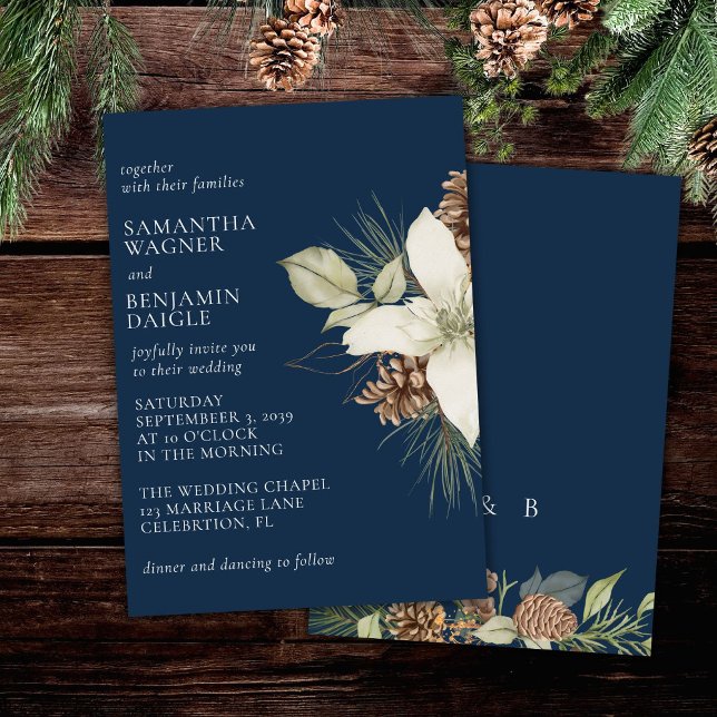 Modern vinter tall Navy Blue Elegant Bröllop Inbjudningar (Skapare uppladdad)