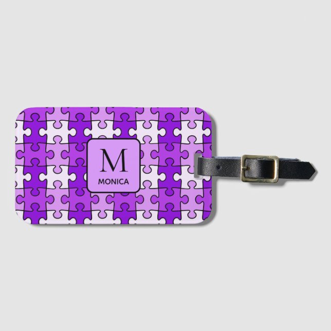 Modern Violet Puzzle Delar Monogram Bagagebricka (Framsida horisontal)