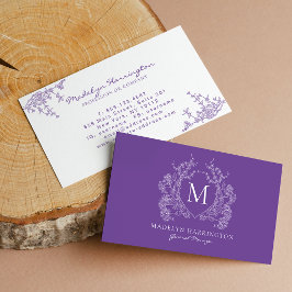 Modern Violett Blommig Krön Monogram Visitkort