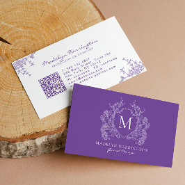 Modern Violett Blommig Kröningsmonogram QR-kod Visitkort