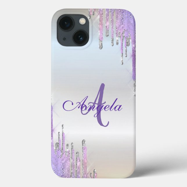 Modern violett glitterdropp, Silver, Monogram (Baksida)
