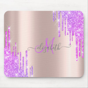 Modern Violett Glitterdroppad Roséguld Monogram Musmatta
