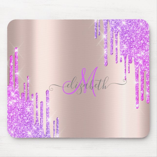 Modern Violett Glitterdroppad Roséguld Monogram Musmatta (Framsidan)