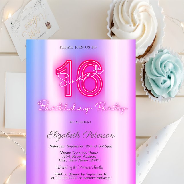 Modern Violett Neon Sweet 16 Inbjudningar (Skapare uppladdad)