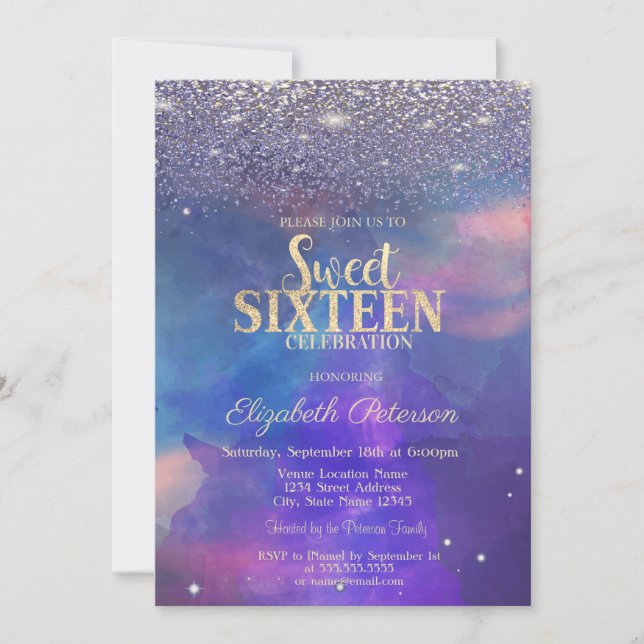 Modern Violetta Diamanter Målarfärg Stänk Sweet 16 Inbjudningar (Framsida)