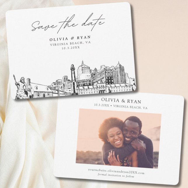 Modern Virginia Beach Wedding Spara datumet Inbjudningar (Modern Virginia Beach Wedding Save the Date Invitation with Engagement Photo)