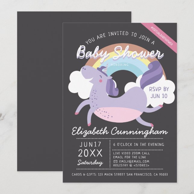 Modern Virtuell babystövel för Cute Rainbow Unicor Inbjudningar (Fram/baksida)