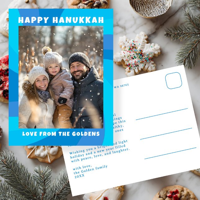 Modern Virvel Blå GLAD HANUKKA ANPASSAD Helg Vykort (Modern Swirl Blue HAPPY HANUKKAH CUSTOM Holiday Postcard
)