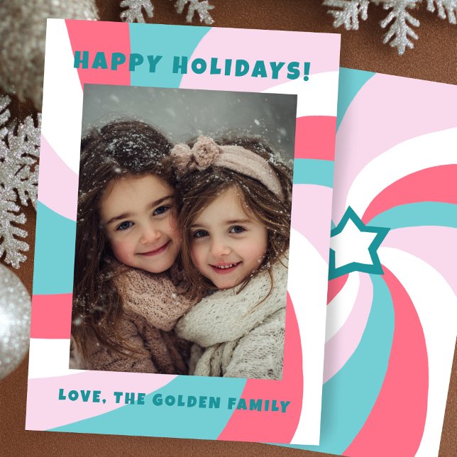 Modern Virvel HAPPIG HELGDAGSKUND FOTO Julkort (Modern Swirl HAPPY HOLIDAYS CUSTOM PHOTO Christmas Pink Green Holiday Card
)