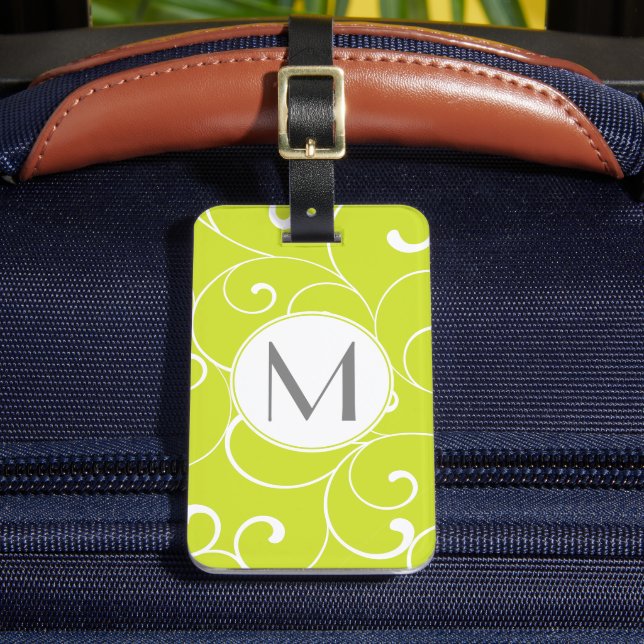 Modern vismisk limning, limma grönt monogram bagagebricka (Framsida Insitu 2)