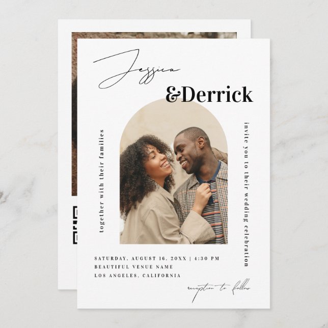 Modern vit Arch 2-foton Minimal QR-kod Bröllop Inbjudningar (Fram/baksida)