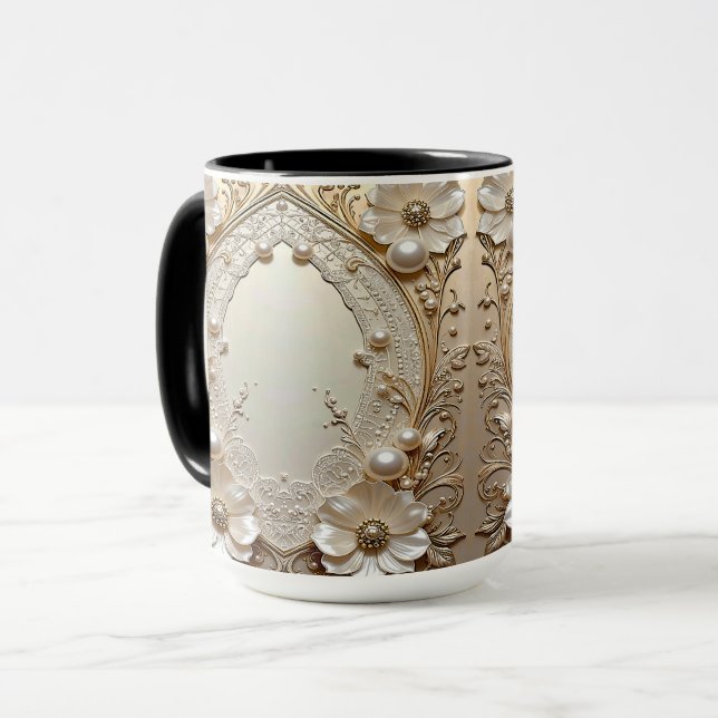 Modern vit blommig pärlmug mugg (Framsida vänster)
