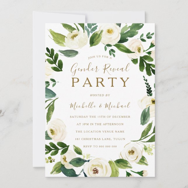 Modern Vit Blommigt Wandeine Gender Reveal Party Inbjudningar (Framsida)