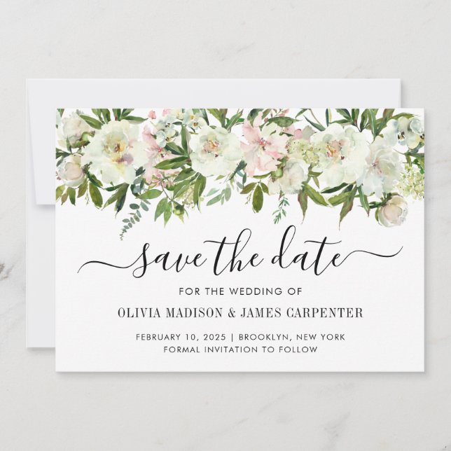 Modern vit Blommigt Watercolor Vår Fall Wedding Spara Datumet (Framsida)