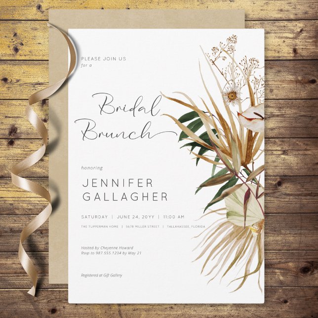 Modern vit boho torkad blomsterbröllopsbrunch inbjudningar (Modern White Boho Dried Floral Bridal Brunch Invitation)