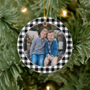 Modern vit buffelplaid julfamiljefoto julgransprydnad keramik