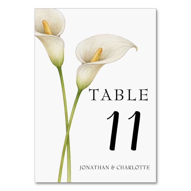 Modern vit Calla Lili Blomma Bröllop Bordsnummer (Framsidan)
