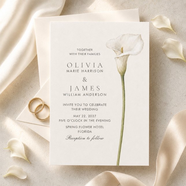 Modern vit Calla Lily Minimalistisk Bröllop  Inbjudningar (Modern White Calla Lily Minimalist Wedding Invitation)