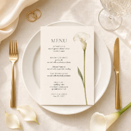 Modern vit Calla Lily Minimalistisk Bröllopsmeny Meny