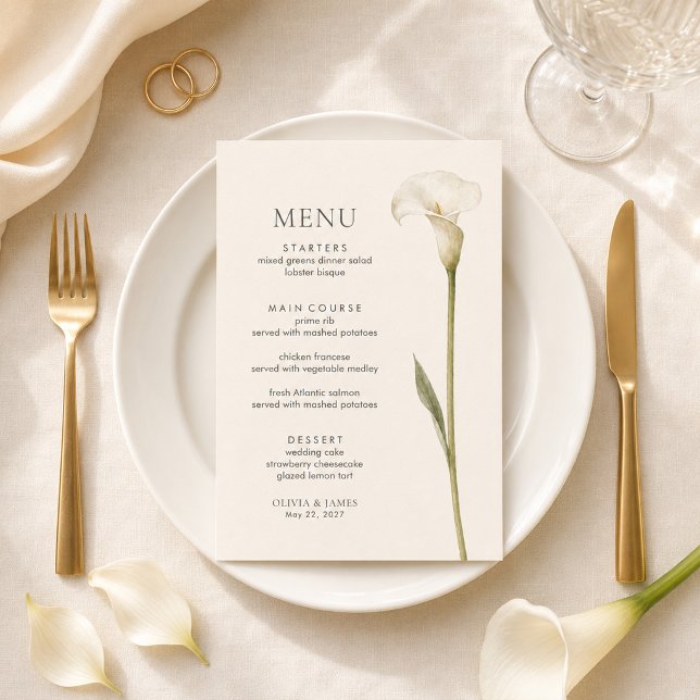 Modern vit Calla Lily Minimalistisk Bröllopsmeny Meny (Modern White Calla Lily Minimalist Wedding Menu)