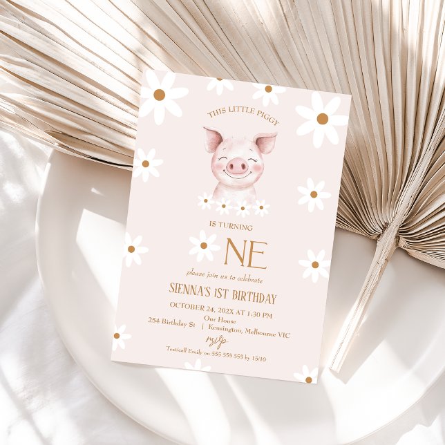 Modern vit Daisy Little Piggy 1st Birthday Inbjudningar (Little Piggy 1st Birthday Invitation Girl Modern White Daisy Retro Our Little Piggy First Birthday)