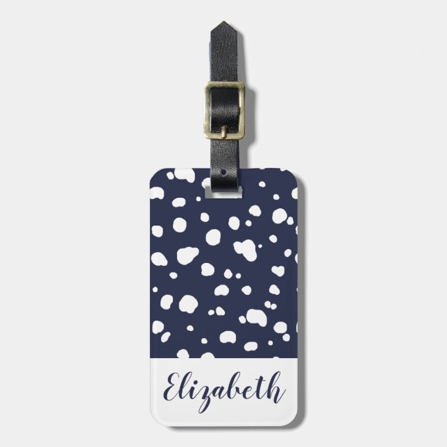 Modern vit Dalmatian Spots & Navy Bagagebricka (Vertikal Framsida)