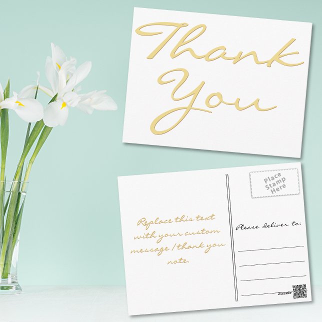 Modern Vit Elegant Falskt Guld Skript Tack Vykort (Modern White Elegant Faux Gold Script Thank You Postcard)