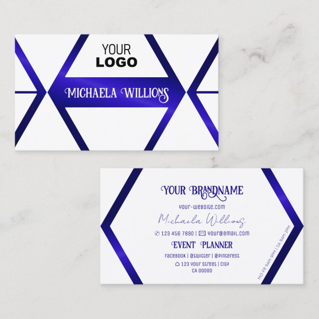 Modern vit Geometric Blue Shimmer-Chic med Logotyp Visitkort (Fram/baksida)