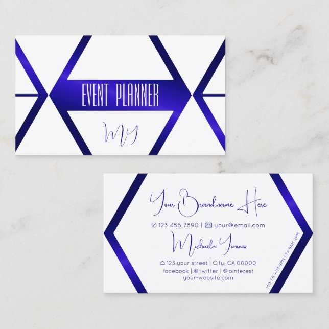 Modern vit Geometric Blue Shimmer med Monogram Visitkort (Fram/baksida)