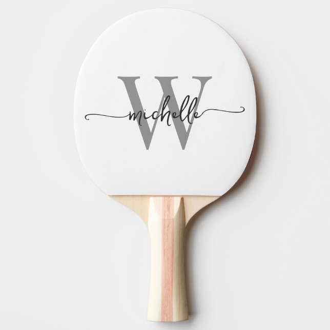 Modern vit grå anpassad monogram namn skrift pingisracket (Framsidan)