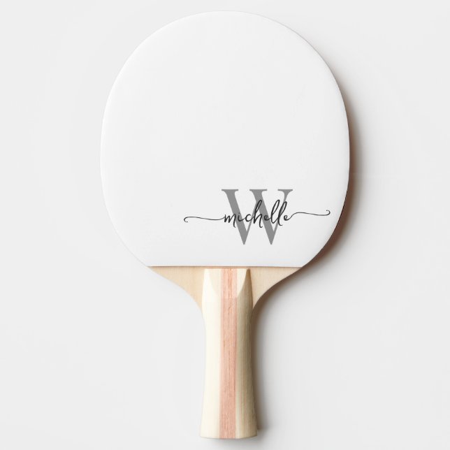 Modern Vit Grå Anpassad Monogram Namn Skrift Pingisracket (Framsidan)