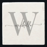 Modern vit grå anpassad monogram namn skrift stenunderlägg<br><div class="desc">Flickaktig modern elegant vit och grå monogram initial bokstav signatur skript anpassad personlig stenskydd. Denna design med ditt förnamn i en snygg handskriven stilis swash tail-teckensnitt typografi (eller kalligrafi) med monogram initial i svart och grått på vitt. Dessa är lätta att anpassa. Snygg feminin husvärmegåva, bröllop, också för födelsedag, sweet...</div>