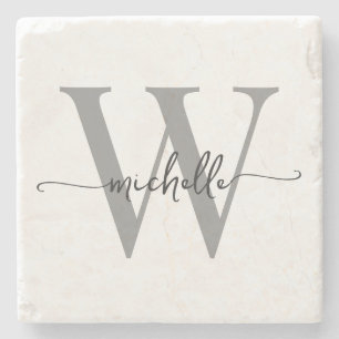 Modern Vit Grå Anpassad Monogram Namn Skrift Stenunderlägg