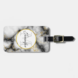 Modern vit Grått Marble med Guld Ribbon Monogram Bagagebricka
