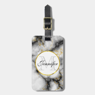 Modern vit Grått Marble med Guld Ribbon Monogram Bagagebricka