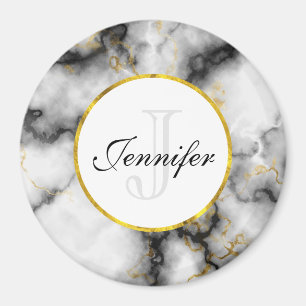 Modern vit Grått Marble med Guld Ribbon Monogram Magnet