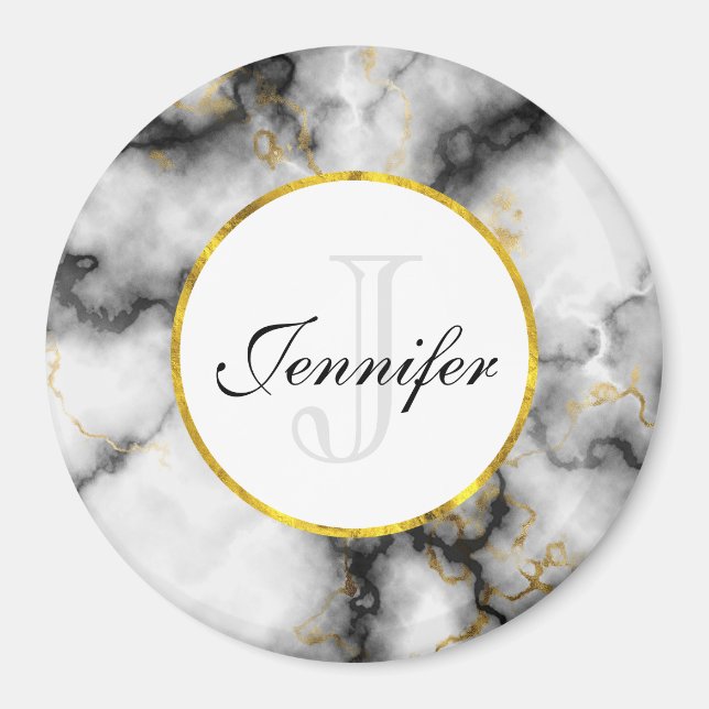 Modern vit Grått Marble med Guld Ribbon Monogram Magnet (Framsidan)