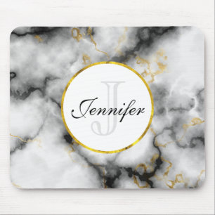 Modern vit Grått Marble med Guld Ribbon Monogram Musmatta