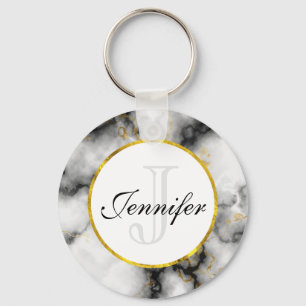 Modern vit Grått Marble med Guld Ribbon Monogram Nyckelring