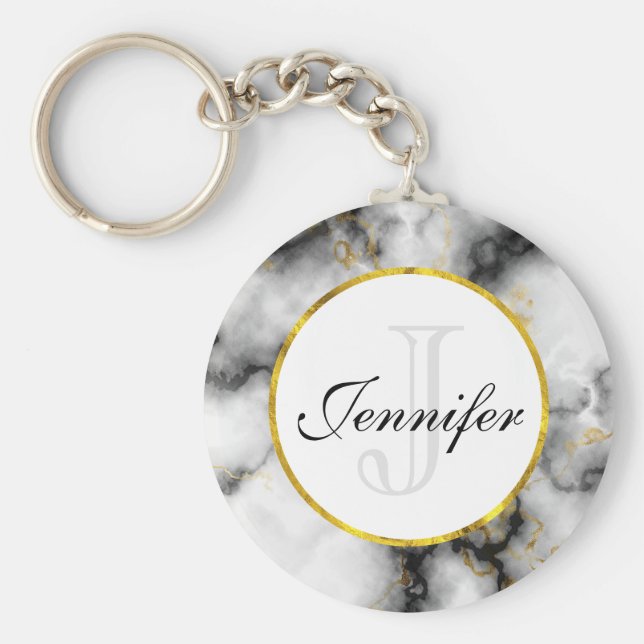 Modern vit Grått Marble med Guld Ribbon Monogram Nyckelring (Framsidan)