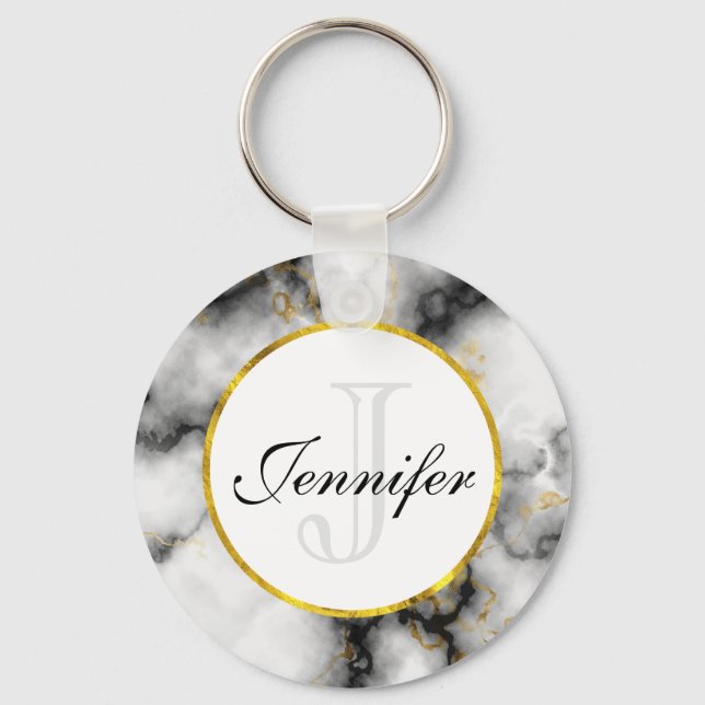Modern vit Grått Marble med Guld Ribbon Monogram Nyckelring (Framsida)