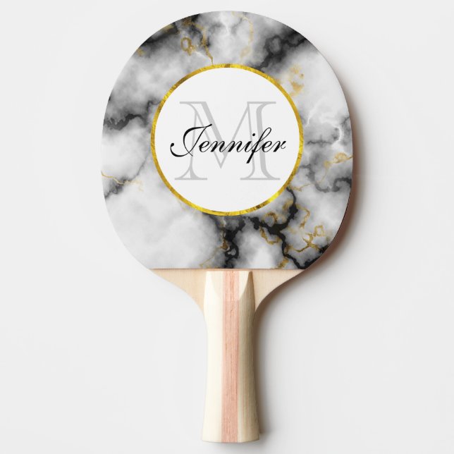 Modern vit Grått Marble med Guld Ribbon Monogram Pingisracket (Framsidan)