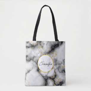 Modern vit Grått Marble med Guld Ribbon Monogram Tygkasse