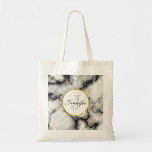 Modern vit Grått Marble med Guld Ribbon Monogram Tygkasse