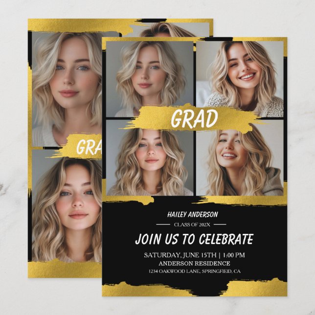 Modern Vit Guld 4Foto Examenfest  Inbjudningar (Fram/baksida)