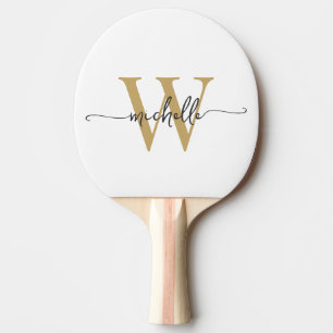 Modern vit guld anpassad monogram namn skrift pingisracket