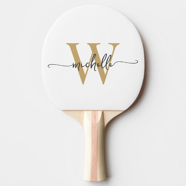 Modern vit guld anpassad monogram namn skrift pingisracket (Framsidan)