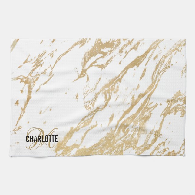 Modern vit guld marble monogram namn kökshandduk (Horisontell)