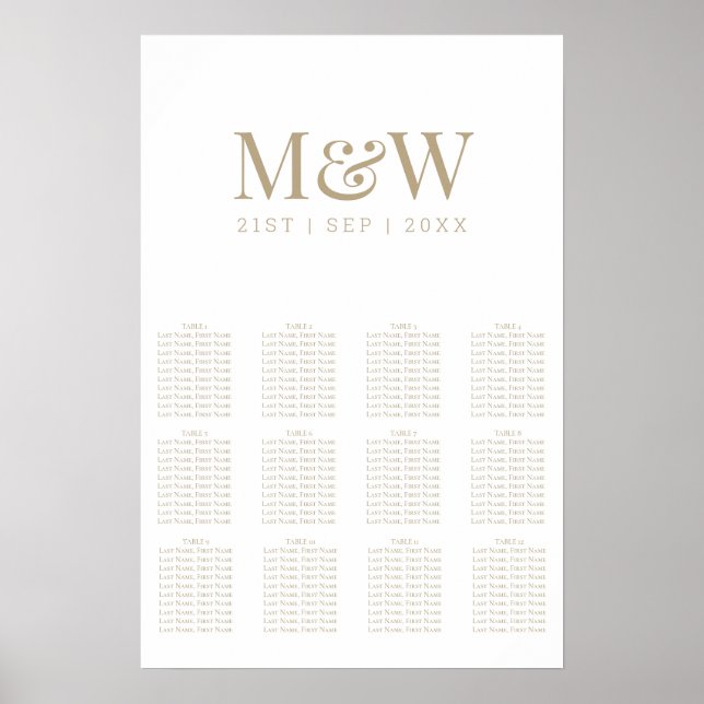 Modern Vit Guld Monogram Bröllopsställningsschema Poster (Framsidan)