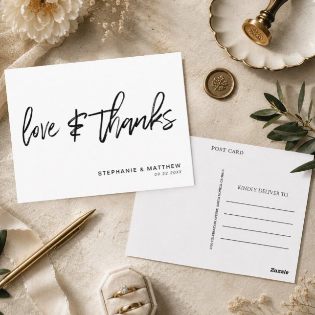 Modern Vit Kärlek och Tacksamhet Bröllop Vykort (Send a beautifully sophisticated and budget-friendly note of appreciation with this modern white)